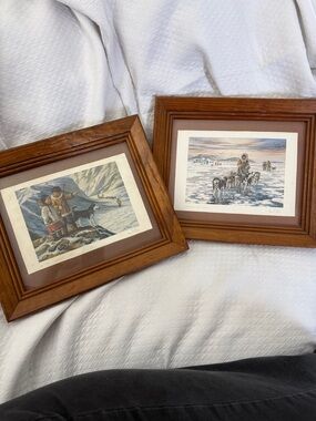 Nori Peter Signed Framed Art Prints Set of 2 - Inuit Artic Life 10.35”x12.25” ea